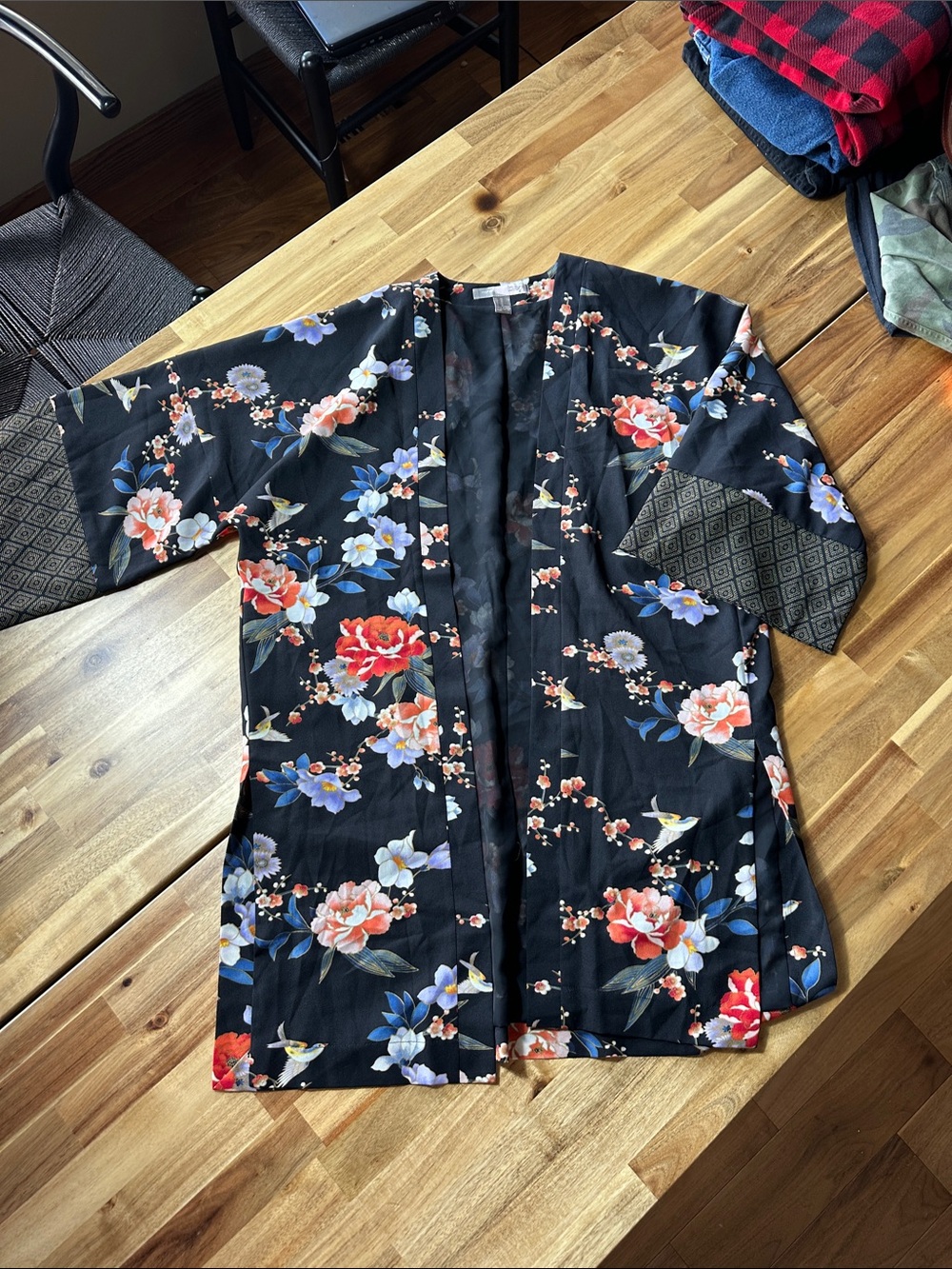 Forever 21 Black Floral Open-Front Kimono Jacket